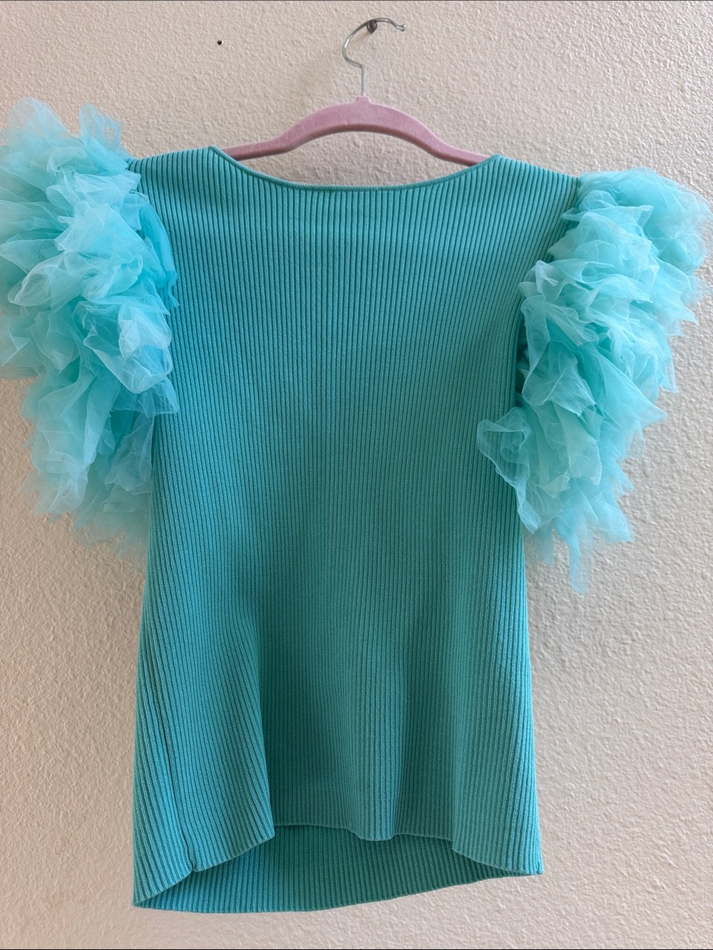 Ribbed Aqua Top with Ruffled Tulle Sleeves